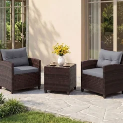 3-TLG. Rattan Gartenmöbel Set inkl. 2 Sessel & 1 Beistelltisch Polyrattan Sitzgruppe Gartengarnitur