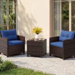 3-TLG. Rattan Gartenmöbel Set inkl. 2 Sessel & 1 Beistelltisch Polyrattan Sitzgruppe Gartengarnitur