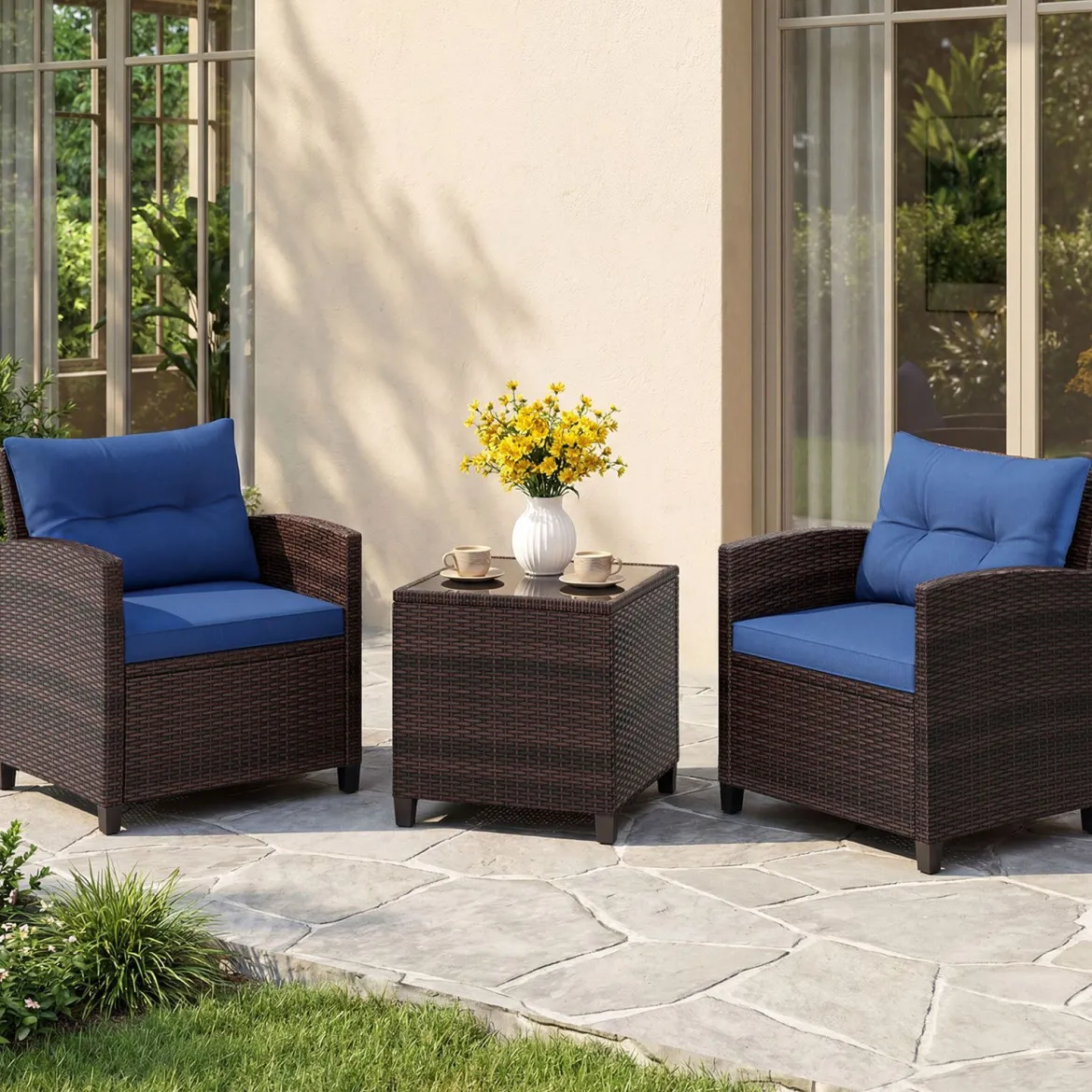 3-TLG. Rattan Gartenmöbel Set inkl. 2 Sessel & 1 Beistelltisch Polyrattan Sitzgruppe Gartengarnitur