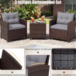 3-TLG. Rattan Gartenmöbel Set inkl. 2 Sessel & 1 Beistelltisch Polyrattan Sitzgruppe Gartengarnitur