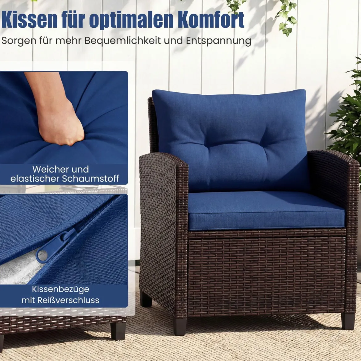 3-TLG. Rattan Gartenmöbel Set inkl. 2 Sessel & 1 Beistelltisch Polyrattan Sitzgruppe Gartengarnitur