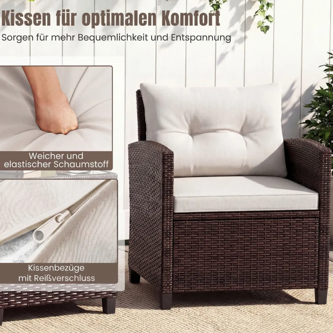 3-TLG. Rattan Gartenmöbel Set inkl. 2 Sessel & 1 Beistelltisch Polyrattan Sitzgruppe Gartengarnitur
