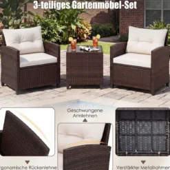 3-TLG. Rattan Gartenmöbel Set inkl. 2 Sessel & 1 Beistelltisch Polyrattan Sitzgruppe Gartengarnitur