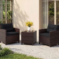 3-TLG. Rattan Gartenmöbel Set inkl. 2 Sessel & 1 Beistelltisch Polyrattan Sitzgruppe Gartengarnitur