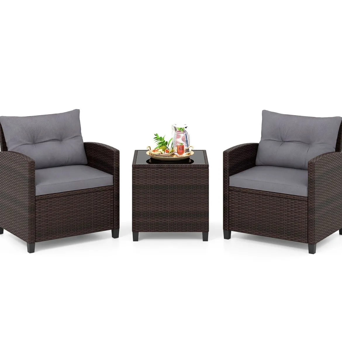 3-TLG. Rattan Gartenmöbel Set inkl. 2 Sessel & 1 Beistelltisch Polyrattan Sitzgruppe Gartengarnitur