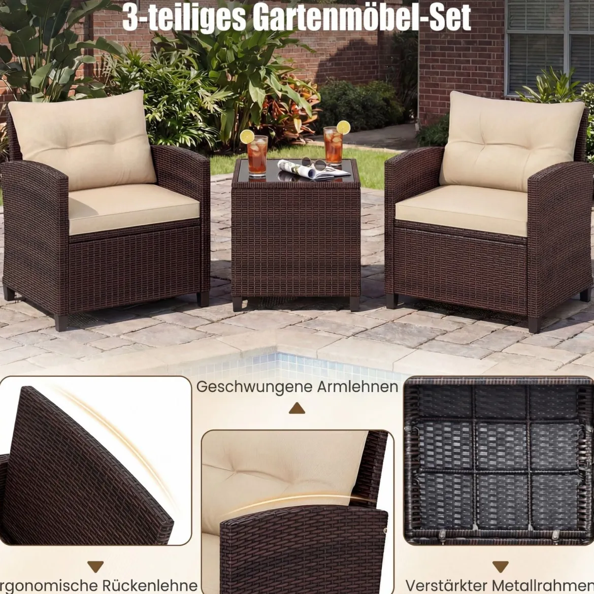 3-TLG. Rattan Gartenmöbel Set inkl. 2 Sessel & 1 Beistelltisch Polyrattan Sitzgruppe Gartengarnitur