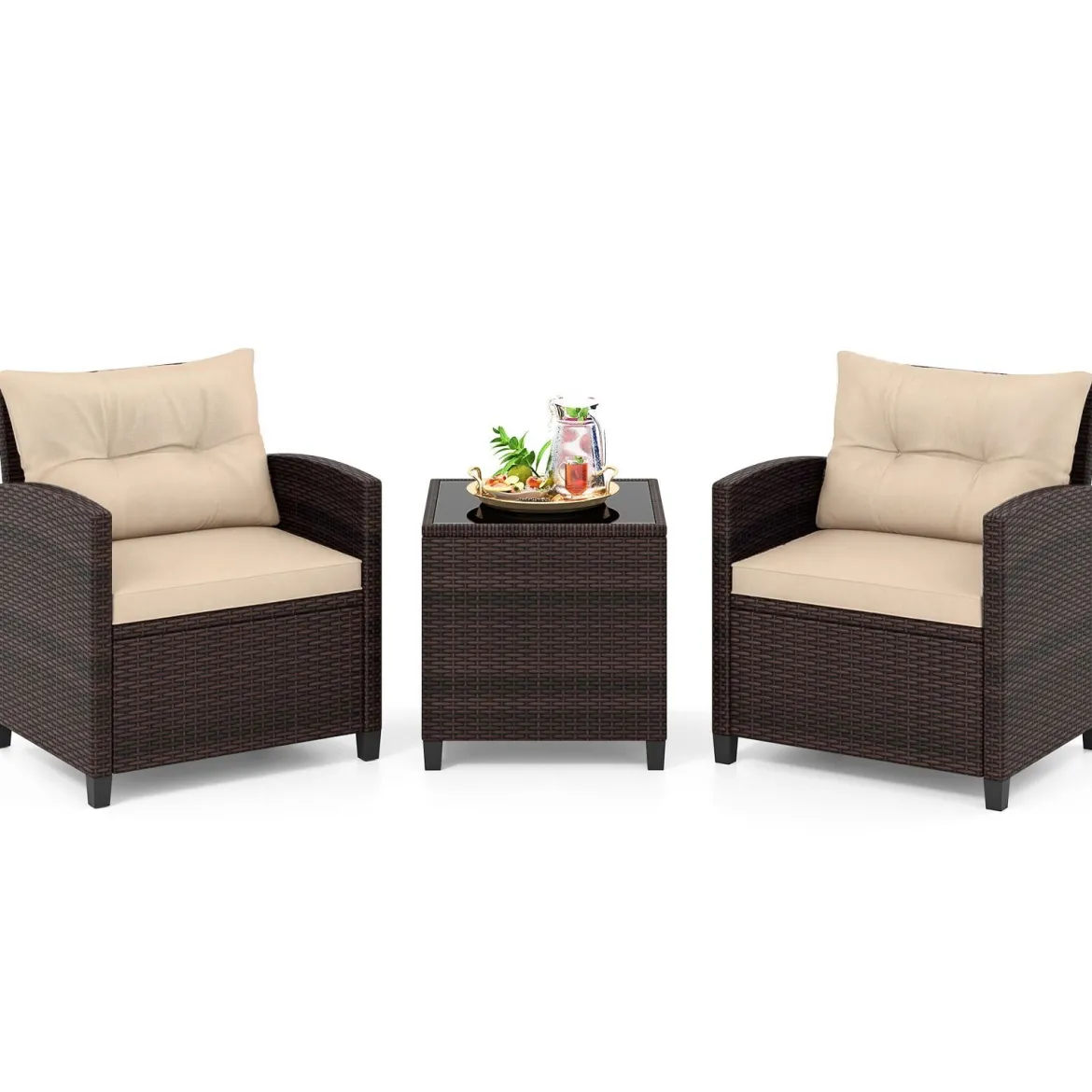 3-TLG. Rattan Gartenmöbel Set inkl. 2 Sessel & 1 Beistelltisch Polyrattan Sitzgruppe Gartengarnitur