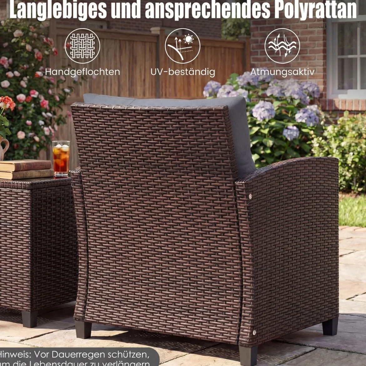 3-TLG. Rattan Gartenmöbel Set inkl. 2 Sessel & 1 Beistelltisch Polyrattan Sitzgruppe Gartengarnitur