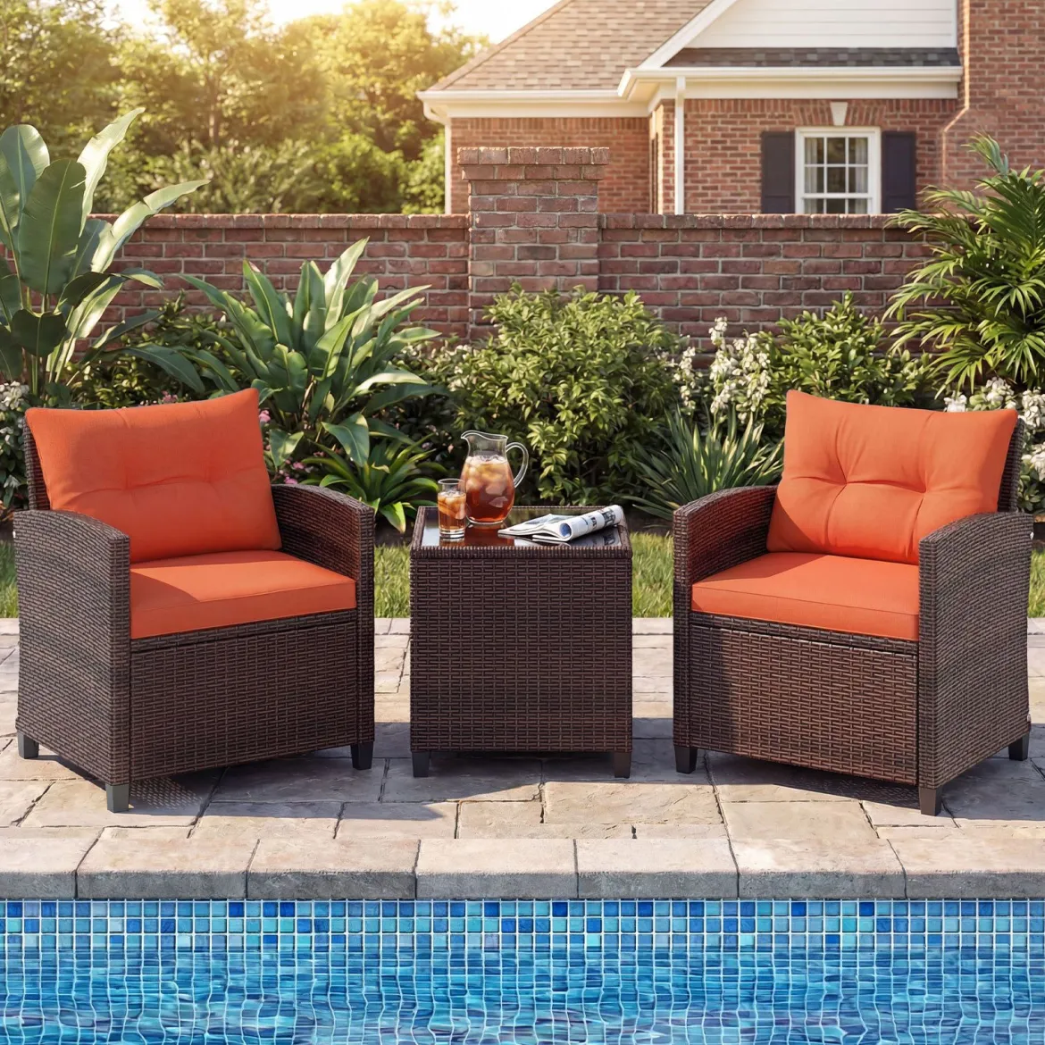 3-TLG. Rattan Gartenmöbel Set inkl. 2 Sessel & 1 Beistelltisch Polyrattan Sitzgruppe Gartengarnitur