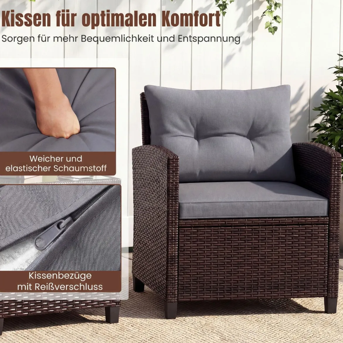 3-TLG. Rattan Gartenmöbel Set inkl. 2 Sessel & 1 Beistelltisch Polyrattan Sitzgruppe Gartengarnitur