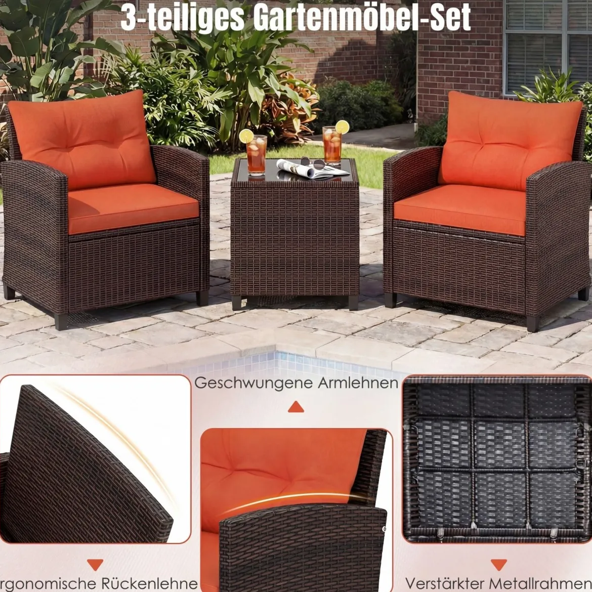 3-TLG. Rattan Gartenmöbel Set inkl. 2 Sessel & 1 Beistelltisch Polyrattan Sitzgruppe Gartengarnitur