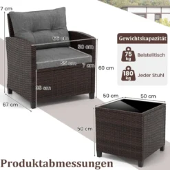 3-TLG. Rattan Gartenmöbel Set inkl. 2 Sessel & 1 Beistelltisch Polyrattan Sitzgruppe Gartengarnitur