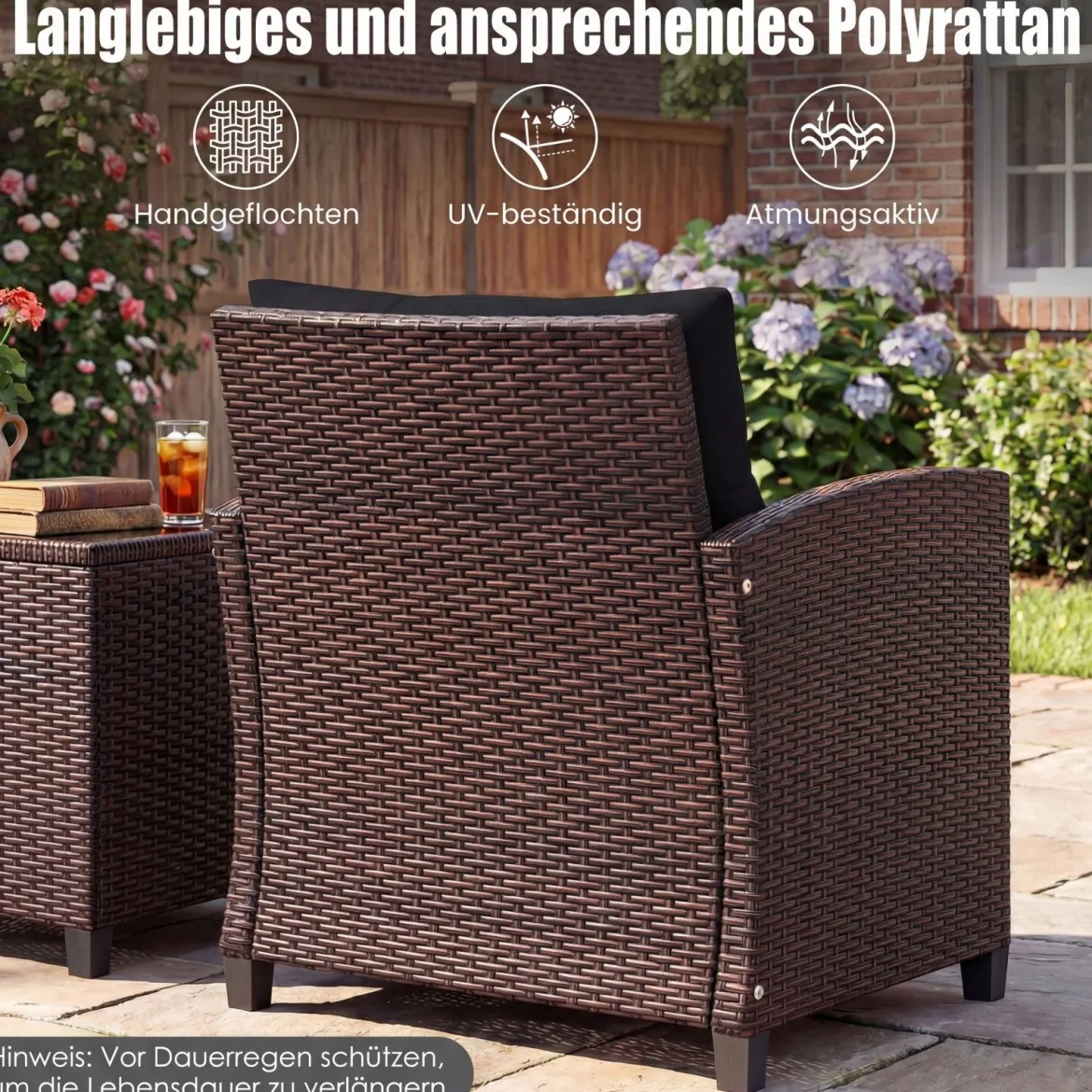 3-TLG. Rattan Gartenmöbel Set inkl. 2 Sessel & 1 Beistelltisch Polyrattan Sitzgruppe Gartengarnitur