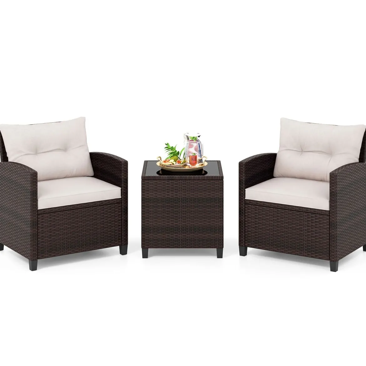 3-TLG. Rattan Gartenmöbel Set inkl. 2 Sessel & 1 Beistelltisch Polyrattan Sitzgruppe Gartengarnitur