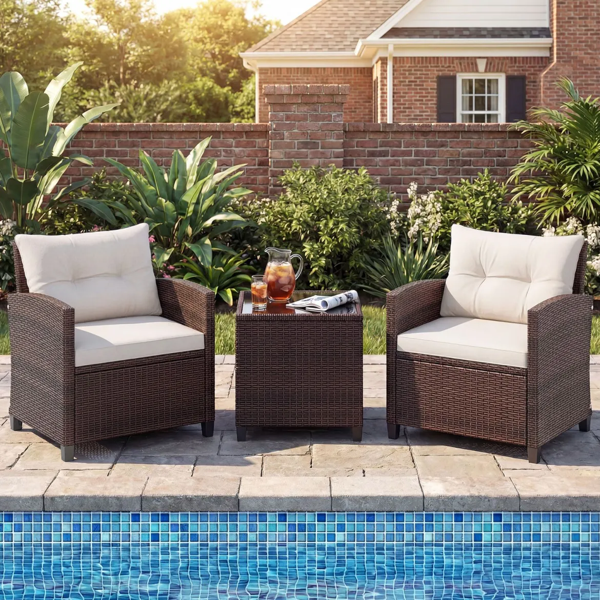 3-TLG. Rattan Gartenmöbel Set inkl. 2 Sessel & 1 Beistelltisch Polyrattan Sitzgruppe Gartengarnitur
