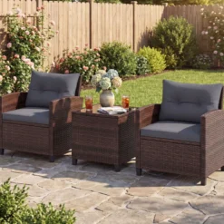 3-TLG. Rattan Gartenmöbel Set inkl. 2 Sessel & 1 Beistelltisch Polyrattan Sitzgruppe Gartengarnitur