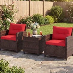 3-TLG. Rattan Gartenmöbel Set inkl. 2 Sessel & 1 Beistelltisch Polyrattan Sitzgruppe Gartengarnitur