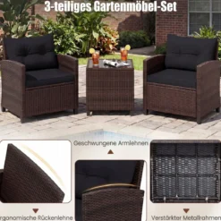 3-TLG. Rattan Gartenmöbel Set inkl. 2 Sessel & 1 Beistelltisch Polyrattan Sitzgruppe Gartengarnitur