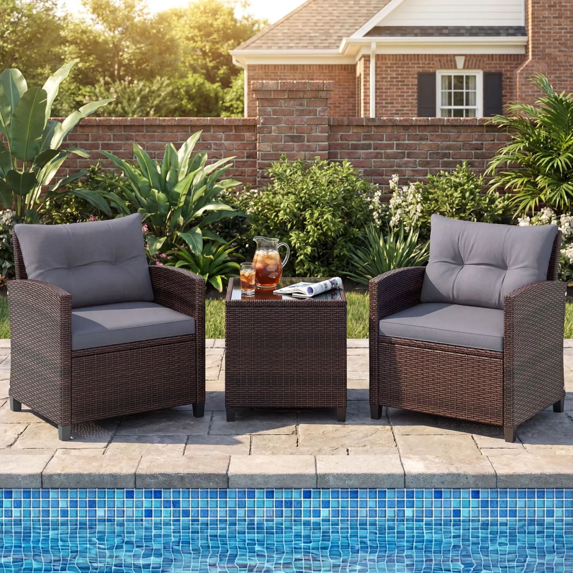 3-TLG. Rattan Gartenmöbel Set inkl. 2 Sessel & 1 Beistelltisch Polyrattan Sitzgruppe Gartengarnitur
