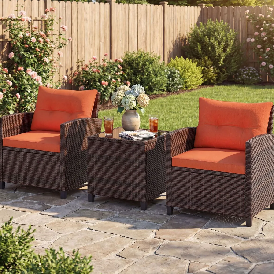 3-TLG. Rattan Gartenmöbel Set inkl. 2 Sessel & 1 Beistelltisch Polyrattan Sitzgruppe Gartengarnitur