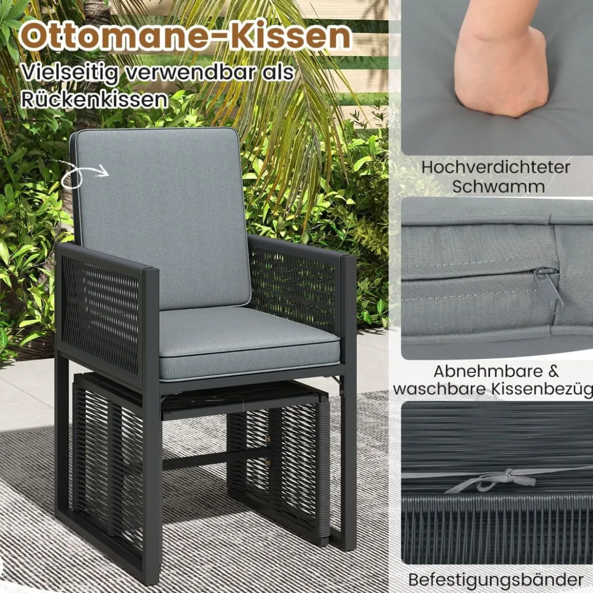 5tlg. Rattan Gartenmöbel Set inkl. 2 Stühle mit Kissen & Hocker & Tisch Platzsparendes Gartenset
