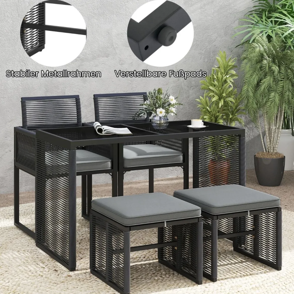 5tlg. Rattan Gartenmöbel Set inkl. 2 Stühle mit Kissen & Hocker & Tisch Platzsparendes Gartenset