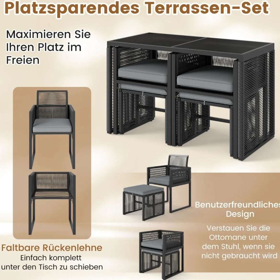 5tlg. Rattan Gartenmöbel Set inkl. 2 Stühle mit Kissen & Hocker & Tisch Platzsparendes Gartenset