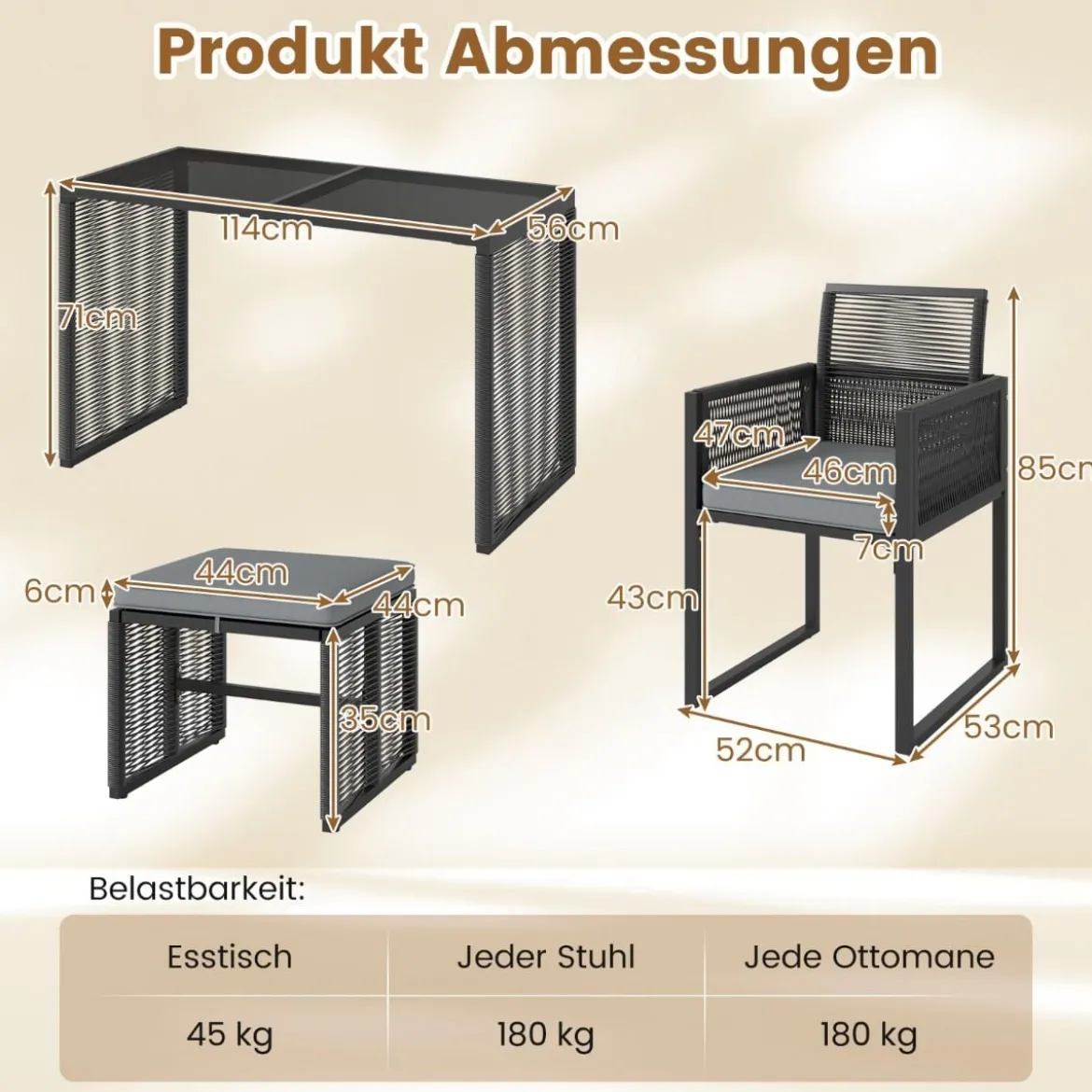 5tlg. Rattan Gartenmöbel Set inkl. 2 Stühle mit Kissen & Hocker & Tisch Platzsparendes Gartenset