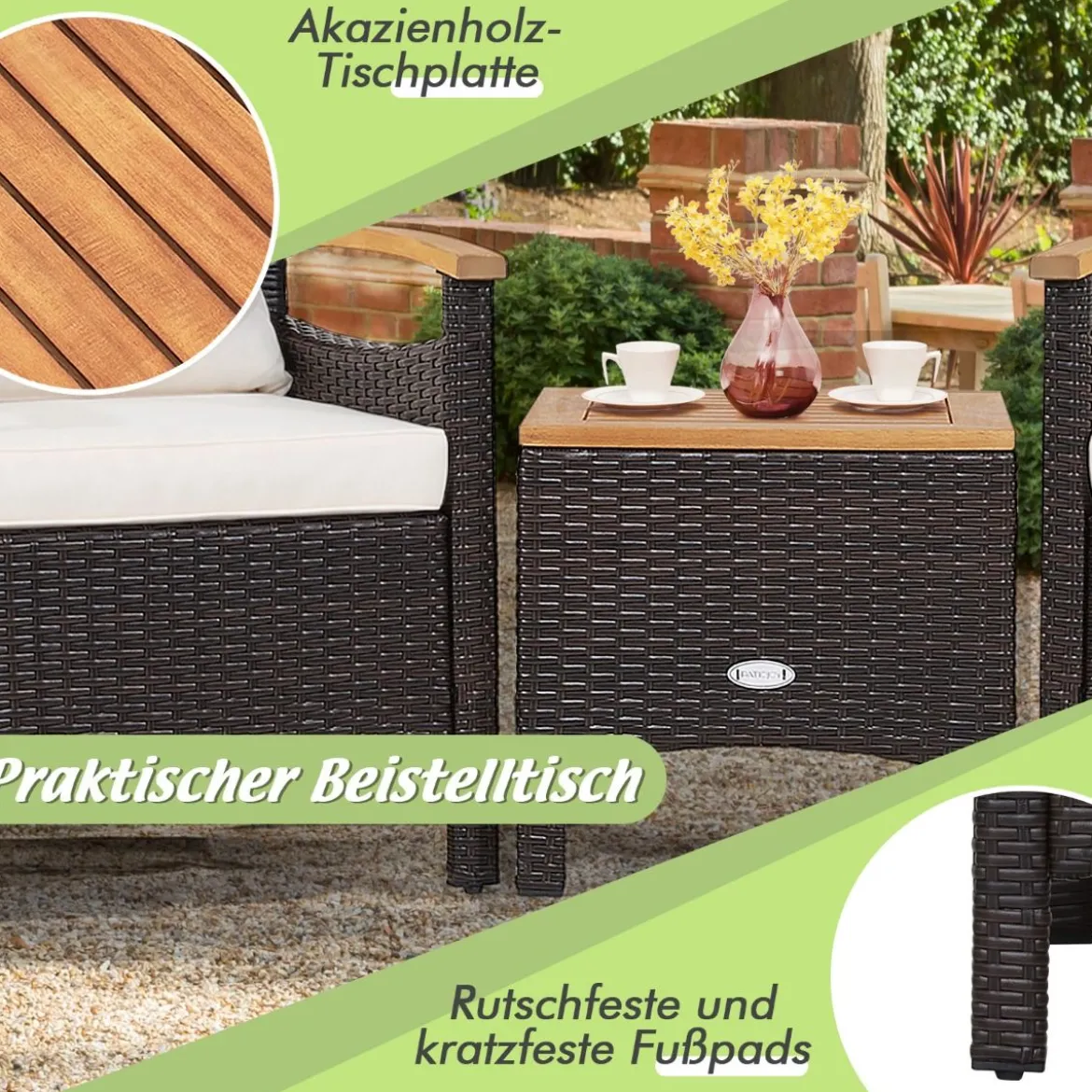 3tlg. Rattan Gartenmöbel Set mit 2 Sessel & 1 Beistelltisch Rattanmöbel Gartenset Gartenlounge