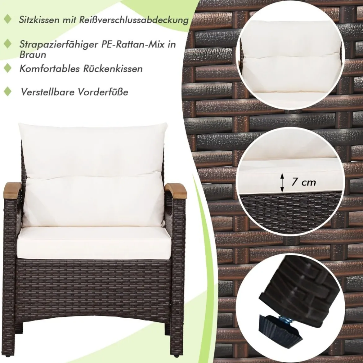 3tlg. Rattan Gartenmöbel Set mit 2 Sessel & 1 Beistelltisch Rattanmöbel Gartenset Gartenlounge
