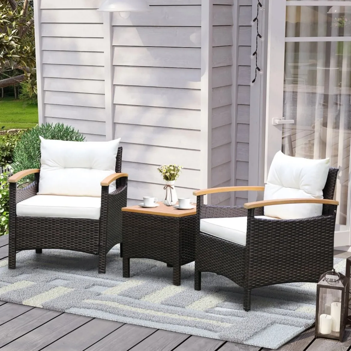 3tlg. Rattan Gartenmöbel Set mit 2 Sessel & 1 Beistelltisch Rattanmöbel Gartenset Gartenlounge