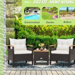 3tlg. Rattan Gartenmöbel Set mit 2 Sessel & 1 Beistelltisch Rattanmöbel Gartenset Gartenlounge