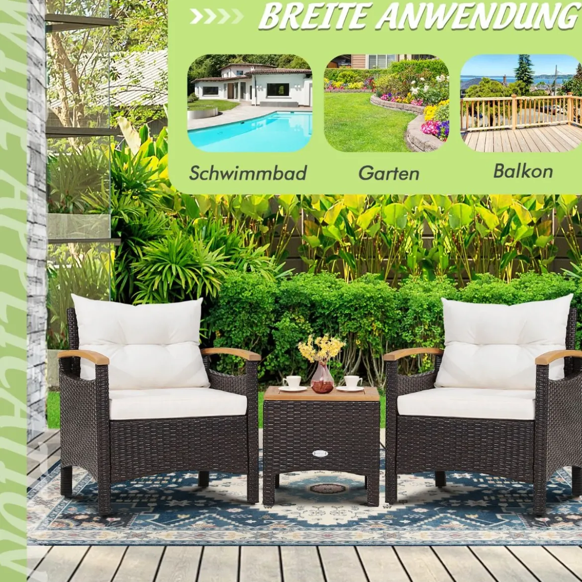 3tlg. Rattan Gartenmöbel Set mit 2 Sessel & 1 Beistelltisch Rattanmöbel Gartenset Gartenlounge