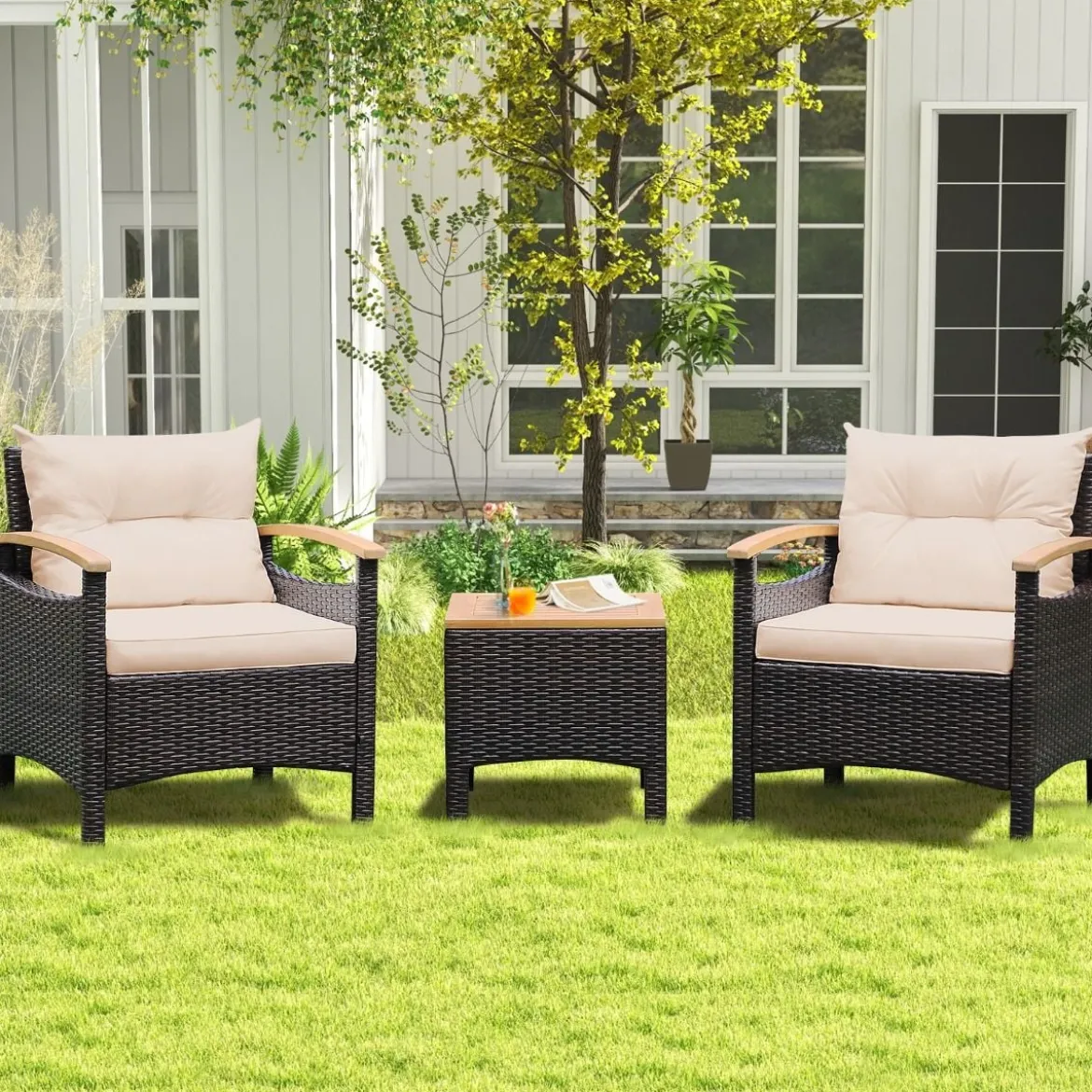 3tlg. Rattan Gartenmöbel Set mit 2 Sessel & 1 Beistelltisch Rattanmöbel Gartenset Gartenlounge