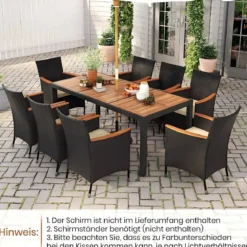 9 TLG. Rattan Gartenmöbel Set Outdoor Sitzgruppe 8 Stühle mit Gartentisch Braun/Schwarz/Grau