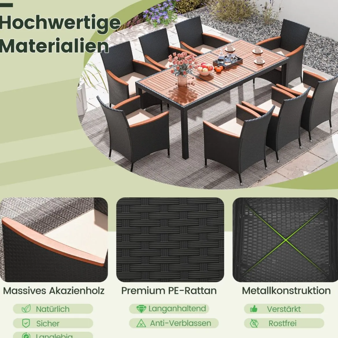 9 TLG. Rattan Gartenmöbel Set Outdoor Sitzgruppe 8 Stühle mit Gartentisch Braun/Schwarz/Grau