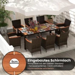 9 TLG. Rattan Gartenmöbel Set Outdoor Sitzgruppe 8 Stühle mit Gartentisch Braun/Schwarz/Grau