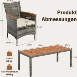 9 TLG. Rattan Gartenmöbel Set Outdoor Sitzgruppe 8 Stühle mit Gartentisch Braun/Schwarz/Grau