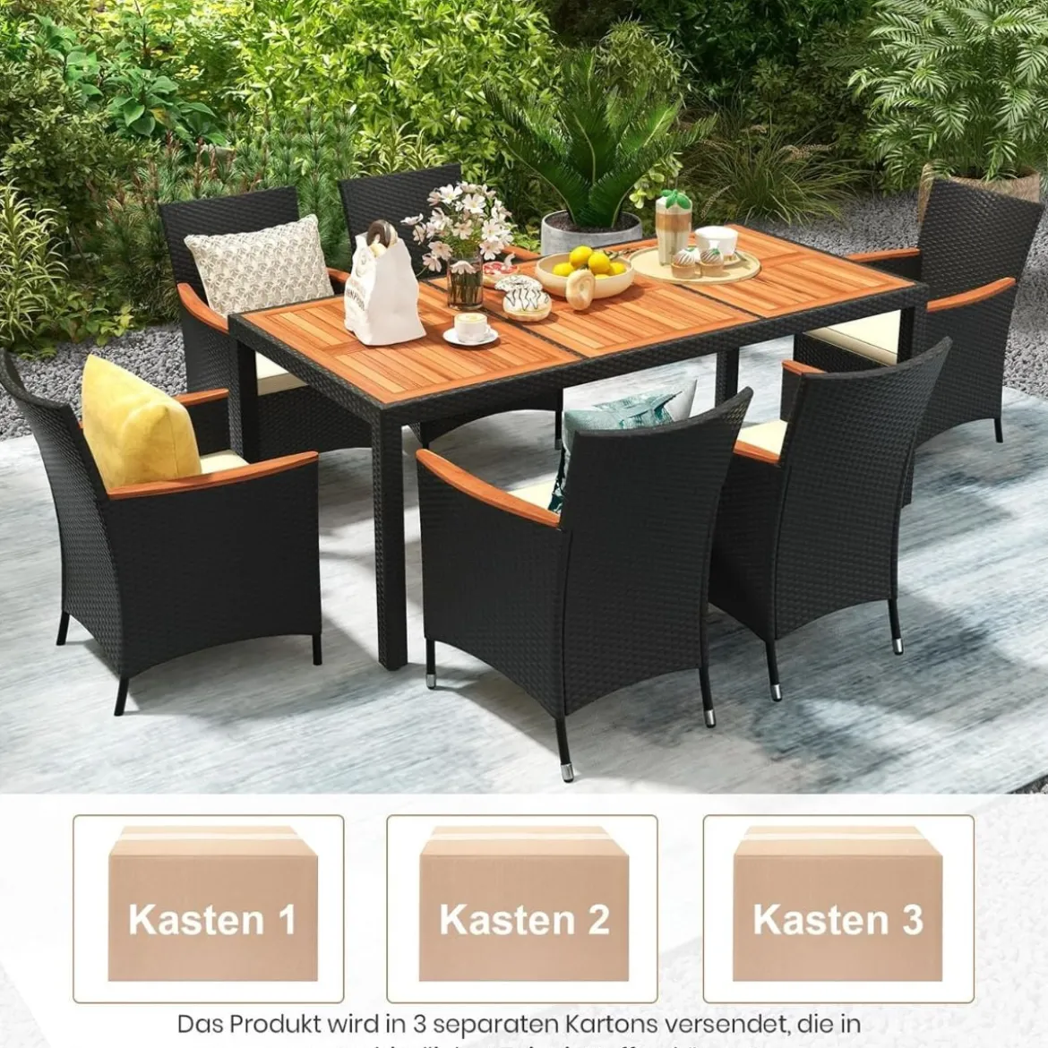 9 TLG. Rattan Gartenmöbel Set Outdoor Sitzgruppe 8 Stühle mit Gartentisch Braun/Schwarz/Grau
