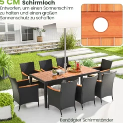 9 TLG. Rattan Gartenmöbel Set Outdoor Sitzgruppe 8 Stühle mit Gartentisch Braun/Schwarz/Grau