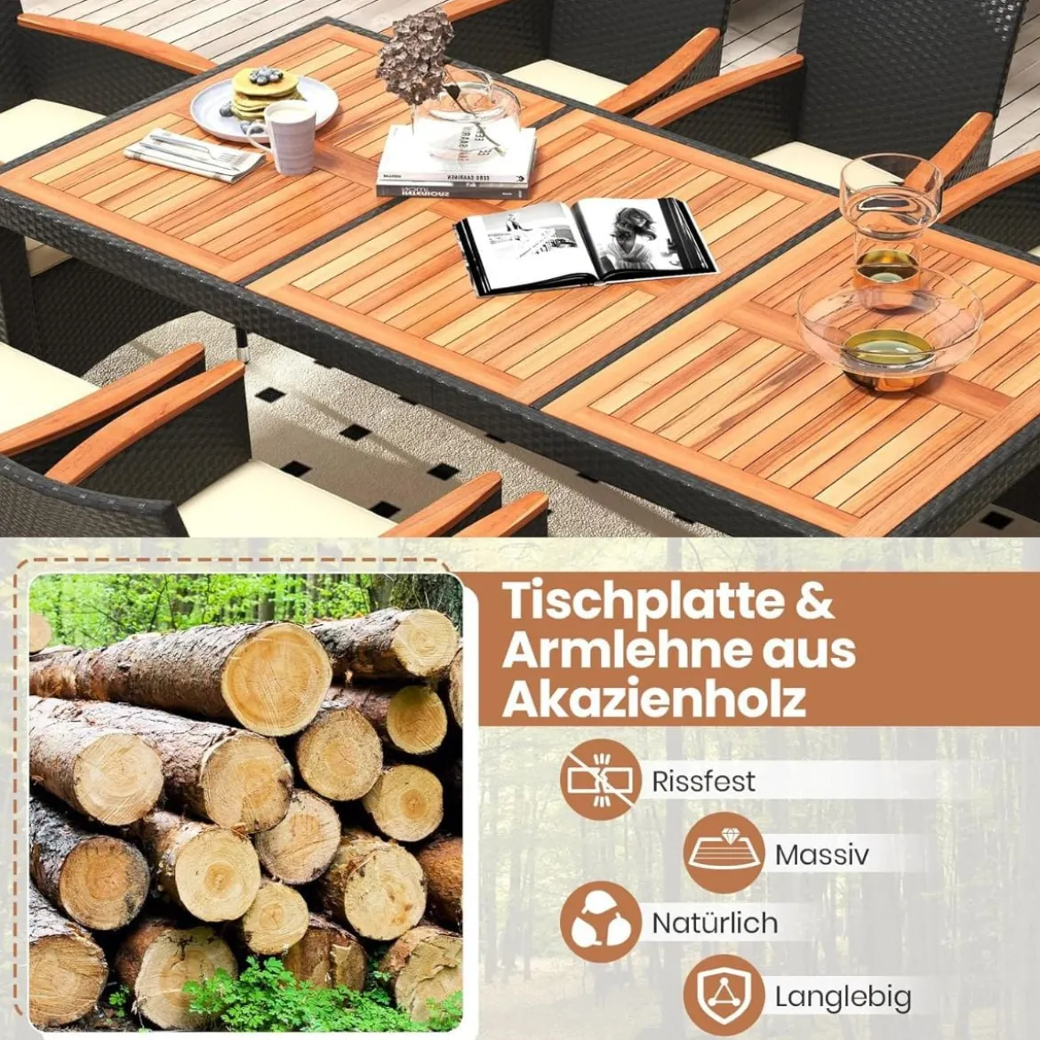 9 TLG. Rattan Gartenmöbel Set Outdoor Sitzgruppe 8 Stühle mit Gartentisch Braun/Schwarz/Grau