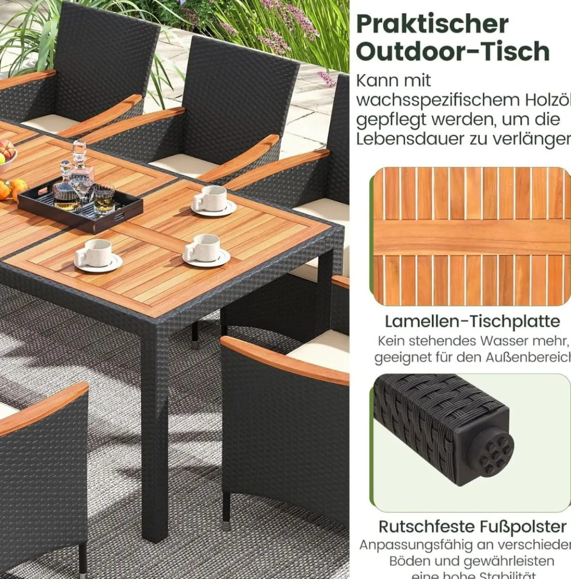 9 TLG. Rattan Gartenmöbel Set Sitzgruppe für 8 Personen Gartentisch aus Akazienholz