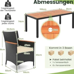 9 TLG. Rattan Gartenmöbel Set Sitzgruppe für 8 Personen Gartentisch aus Akazienholz