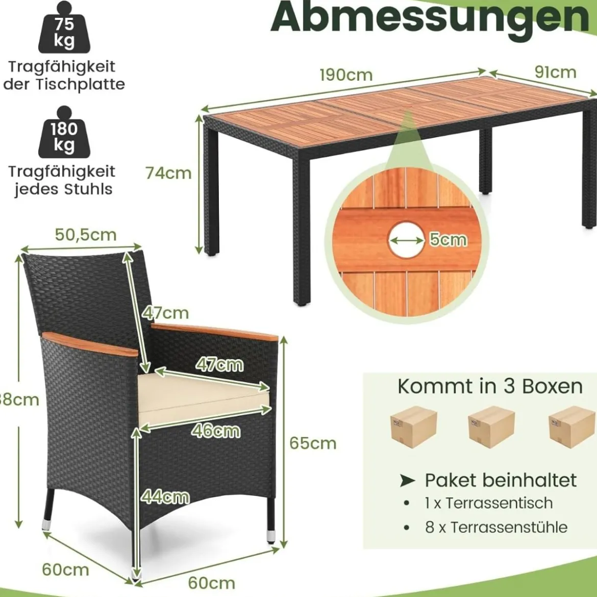 9 TLG. Rattan Gartenmöbel Set Sitzgruppe für 8 Personen Gartentisch aus Akazienholz