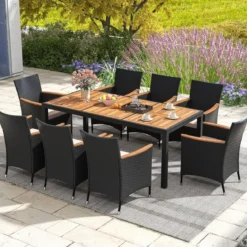 9 TLG. Rattan Gartenmöbel Set Sitzgruppe für 8 Personen Gartentisch aus Akazienholz