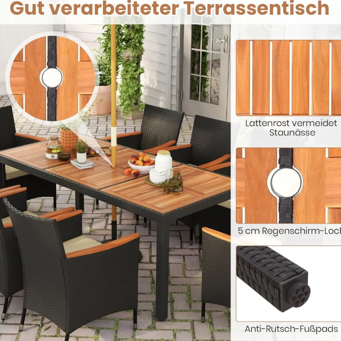 9 TLG. Rattan Gartenmöbel Set Sitzgruppe für 8 Personen Gartentisch aus Akazienholz
