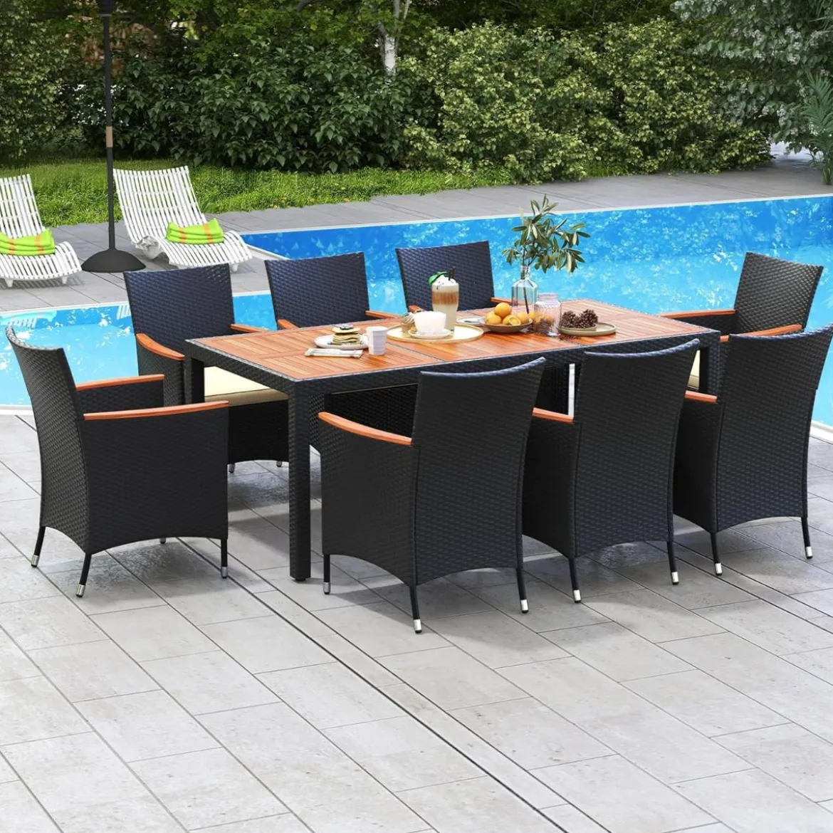 9 TLG. Rattan Gartenmöbel Set Sitzgruppe für 8 Personen Gartentisch aus Akazienholz