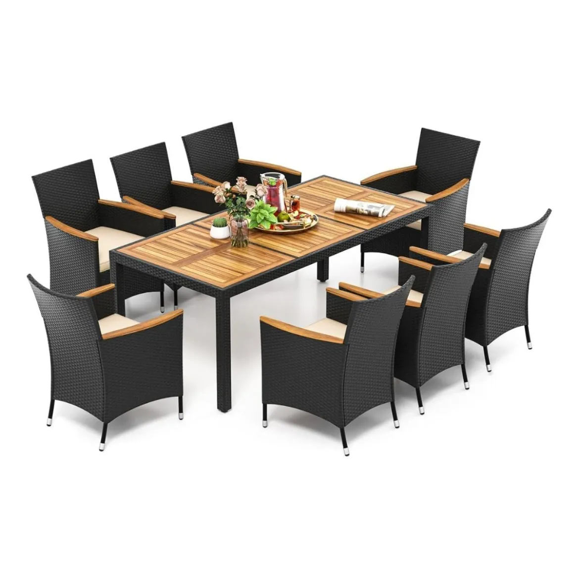 9 TLG. Rattan Gartenmöbel Set Sitzgruppe für 8 Personen Gartentisch aus Akazienholz