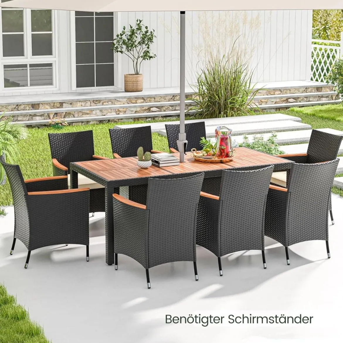 9 TLG. Rattan Gartenmöbel Set Sitzgruppe für 8 Personen Gartentisch aus Akazienholz