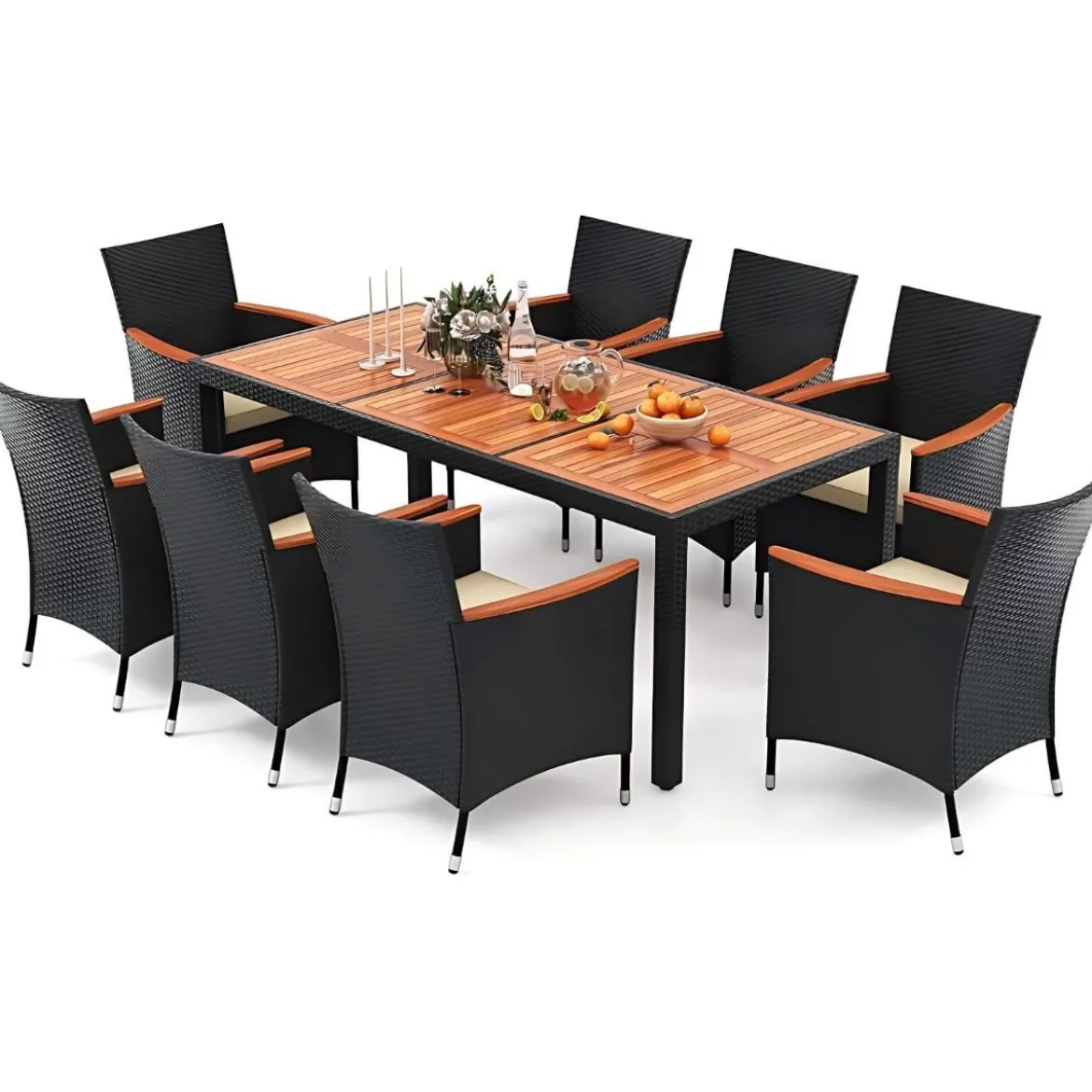 9 TLG. Rattan Gartenmöbel Set Sitzgruppe für 8 Personen Gartentisch aus Akazienholz